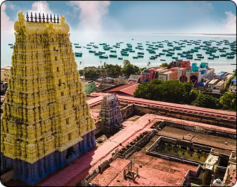 Rameshwaram coastal temple gopuram and turquoise ocean